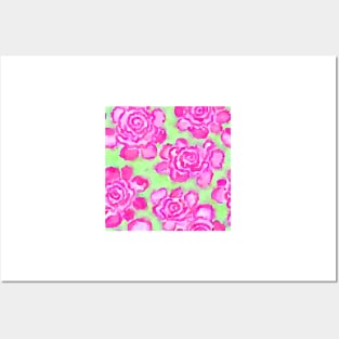 Pink watercolor roses on light green Posters and Art